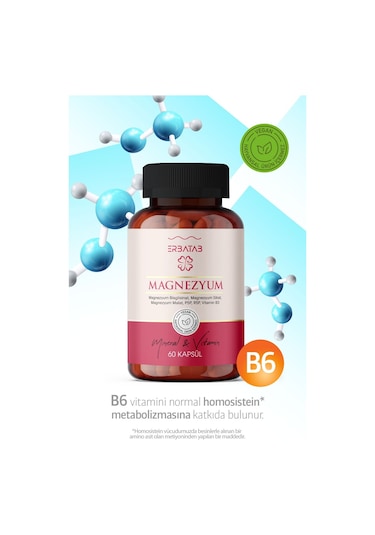 Erbatab Magnezyum Bisglisinat Sitrat Malat & Vitamin B2 B3 B6 3'lü Form 60 Kapsül