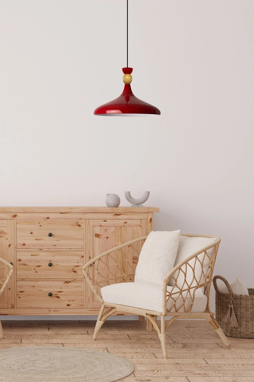 Kırmızı Ahşap Şapka Tekli Avize Sarkıt Salon Mutfak Cafe Butik Lamba Aydınlatma Avizeler Kırmızı