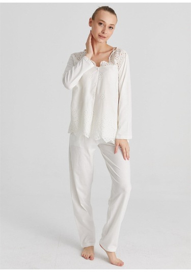 Magic Form 17108 Brodeli Uzun Kollu Pijama Takımı Ekru