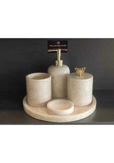 Bej Mermer Gold Transparan Kelebek Aksesuarlı 5'li Banyo Seti Gold