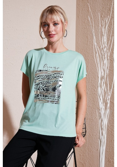 Lela Baskılı Bisiklet Yaka Regular Fit Bayan T Shirt 6671000 Mint
