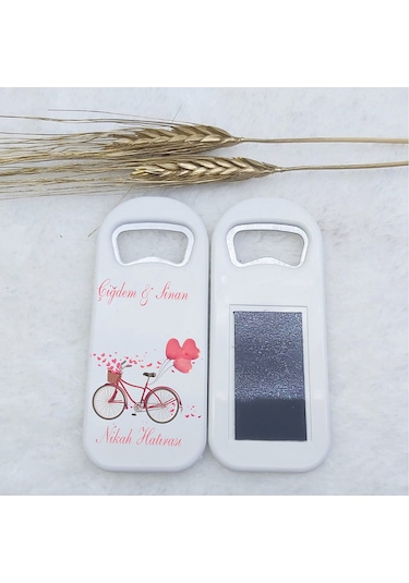Pembe Bisikletli Uzun Açacak Magnet 4,5x10,5 Cm Uv Nikah(30 Adet)