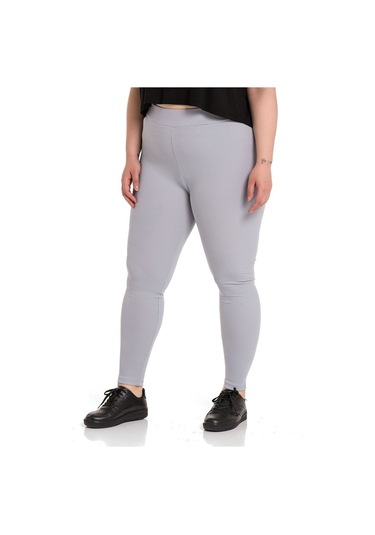 Büyük Beden Fitilli Beli Lastikli Bilek Hizasında Gri Bayan Tayt