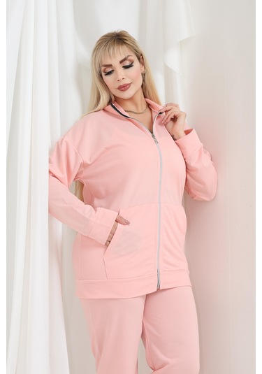 Kadın Büyük Beden Fermuarlı Uzun Kollu Rahat Günlük Eşofman Takım Pudra Pembe
