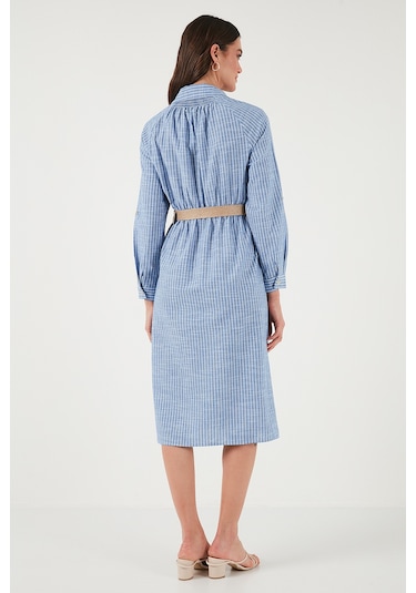 Lela Pamuklu Regular Fit Kemerli Midi Boy Gömlek Bayan Elbise 67810301 Indigo