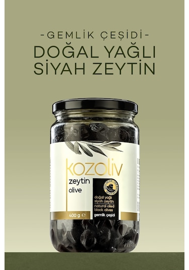 Kozoliv Doğal Gemlik Çeşidi Yağlı Siyah Zeytin Cam 400 G