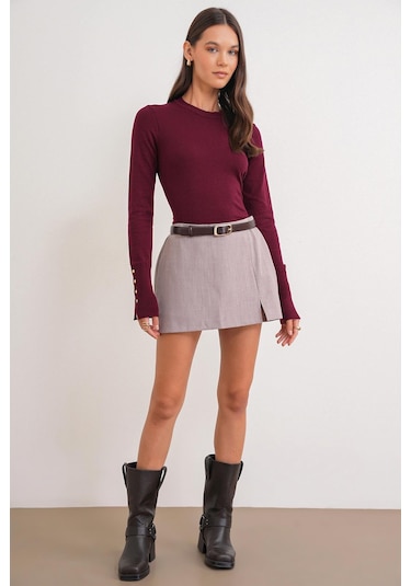 Mixray 6736 Kadın Bisiklet Yaka Kolu Droplu Triko Kazak Bordo Bordo