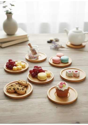 Bambu 6 Lı Çay Tabağı-bambu Ahşap 6'lı Çay Tabağı Ve Sunum Tabağı Açık Kahverengi