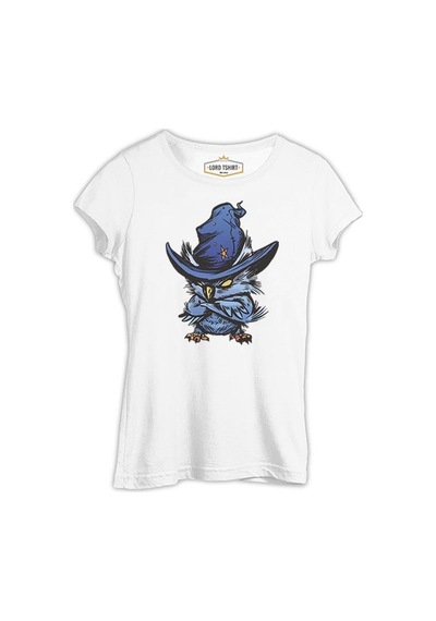 An Angry Owl With A Hat Beyaz Kadın Tshirt 001