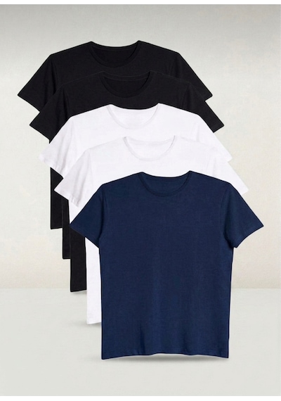Bürke 5'li Erkek/Unisex 2 Siyah - 2 Beyaz - 1 Lacivert Renk %100 Pamuk Bisiklet Yaka Basic Tişört