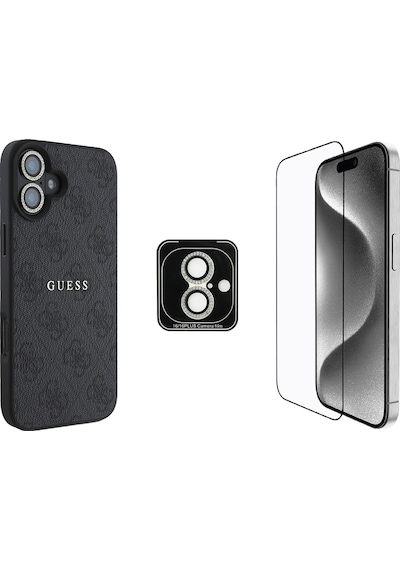 Apple Uyumlu iPhone 16 Guess Lisanslı 3'lü Aksesuar Seti Kılıf-ekran Koruyucu-lens Koruyucu Siyah