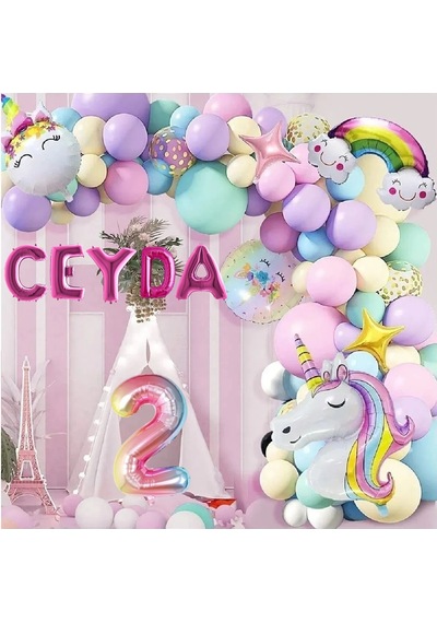 5 Harfli Yaş Seçenekli Gökkuşağı Konseptli Unicorn Temalı Makaron Balon Doğum Günü Parti Kutlama Seti 7