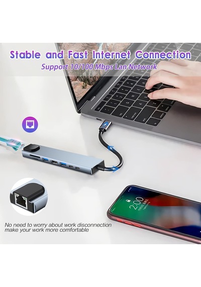 Hub, 8'i 1 Arada Adaptör, 4k Hdmı, Type C 100w Pd, Usb C Bağlantı Noktası, Usb 3.0, Rj45 Ethernet, Sd/tf Kartları, Yerleştirme İstasyonu, Macbook Pro/air Dizüstü Bilgisayar Ve Diğer Cihazlarla Uyumlu