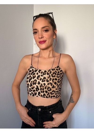 Ali Butik Leopar Desen İp Askılı Crop Atlet Leopar