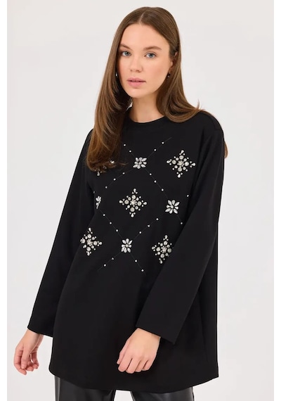 Kadın Yuvarlak Yaka Taşlı Sweatshirt - Siyah Siyah