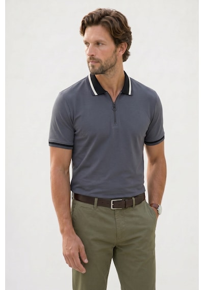 Tudors Erkek Slim Fit Dar Kesim %100 Pamuk Kısa Kollu Yarım Fermuarlı Antrasit Polo Yaka Tişört-50747