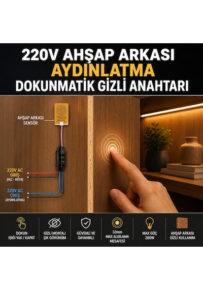 Ahşap Arkası Dokunmatik Sensör Anahtarı - 220V AC Çıkışlı Ahşap Arkası Dokunmatik Sensör Anahtarı - 220V AC Çıkışlı