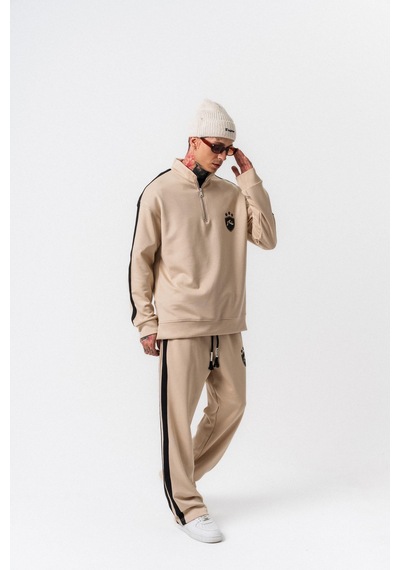 Respire Erkek Şerit Detaylı Yarım Fermuarlı Modal Sweatshirt Bej