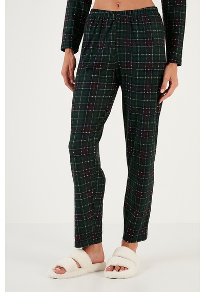 Lela Desenli Beli Lastikli Gömlek Yaka Dokuma Bayan Pijama Takımı 6095660W4 Yeşil