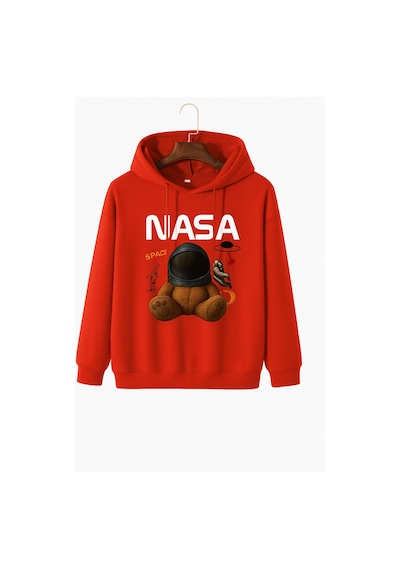 Kokina 3 İplik Penye Unisex Nasa Ayıcık Baskılı Kapüşonlu Sweatshirt Kırmızı