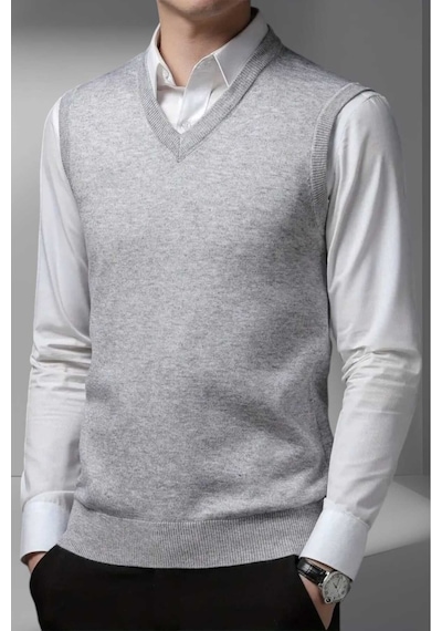 Tezzgelsin Erkek V Yaka Triko Tüylenmez Süveter Erkek Slim Fit Süveter Gri