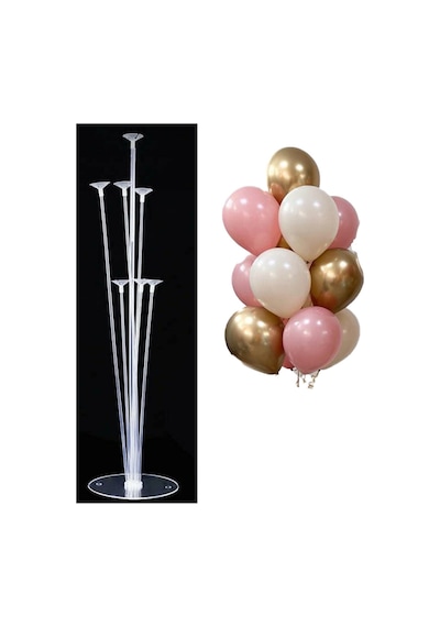 7'li Balon Standı Ve 10 Adet Krom Gold, Kum Ve Pembe Balon Set Gold Beyaz
