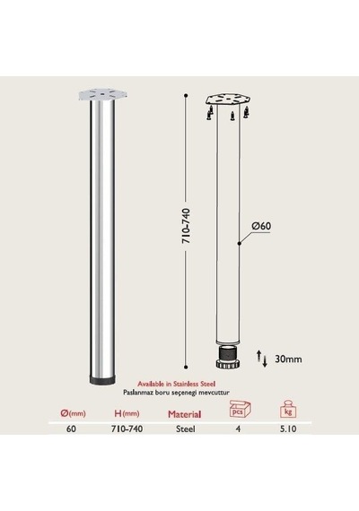 Masa Ayağı 71 Cm Krom Çap: 60mm 1 Adet Tek Çok Renkli