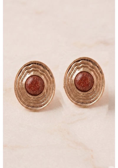 Vintage Bordo Mineli Çizgili Dik Elips Küpe Renkli