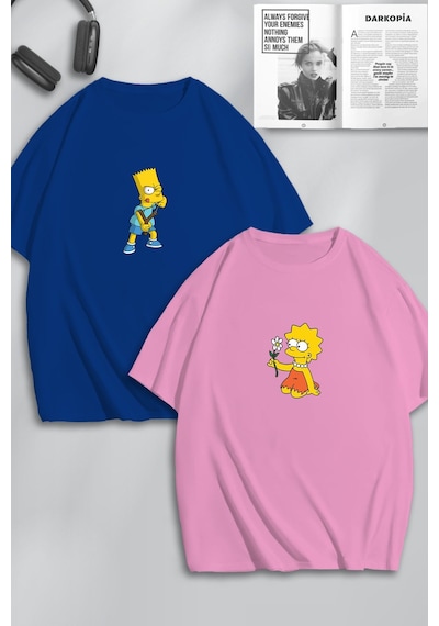 Unisex Kadın Erkek The Simpsons Baskılı Sevgili Çift Kombini Tasarım Oversize Tshirt 2li Pembemavi Mck0453 Çok Renkli