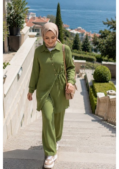 Hb Harma Time Butik Kadın Düğmeli Kuşaklı Çilek Kumaş Tunik Pantolon Haki İkili Takım