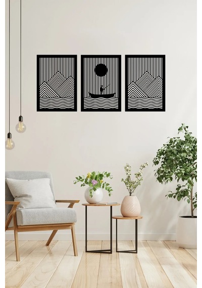 3'lü Balıkçı Ve Dağ Temalı Ahşap Duvar Tablosu - Mdf, 25x35 Cm Toplam 35x90 Cm