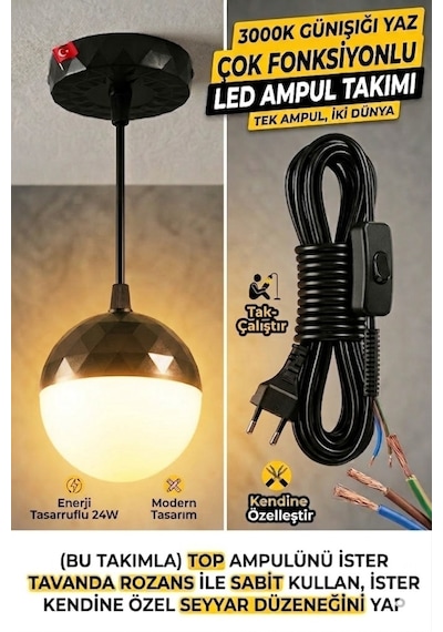 24w Günışığı-3000k Çok Fonksiyonlu Led Top Ampul Takımı ,hem Tavan Askılı Hem Seyyar Fişli Kablolu Set,fişli Taşınabilir Gece Lambası
