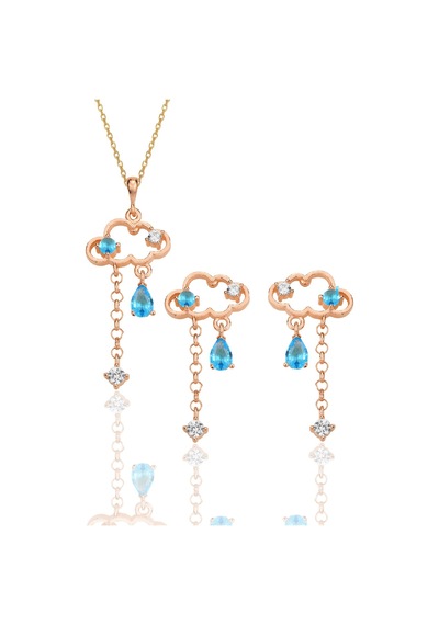 Gümüş Rose Akuamarin Ve Zirkon Taşlı Bulut Kolye Ve Küpe İkili Set Barcode Pembe Altın