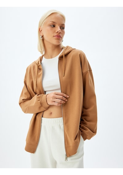 Koton Fermuarlı Kapşonlu Sweatshirt Uzun Kollu Üç İplik Pamuklu Deve Tüyü 5wak10225ek Taba