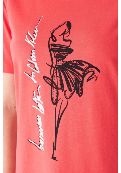 Sortie Collection Eteği Tül Detaylı Silüet Baskılı Basic Tshirt Mercan