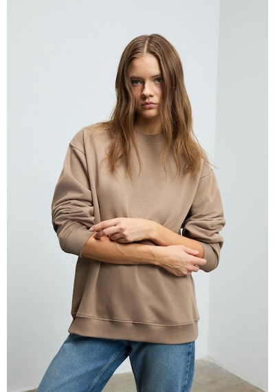 Grımelange KARIUS Kadın Organik Pamuklu İçi Polarlı Oversize Yuvarlak Yakalı Açık Kahverengi Sweatshirt
