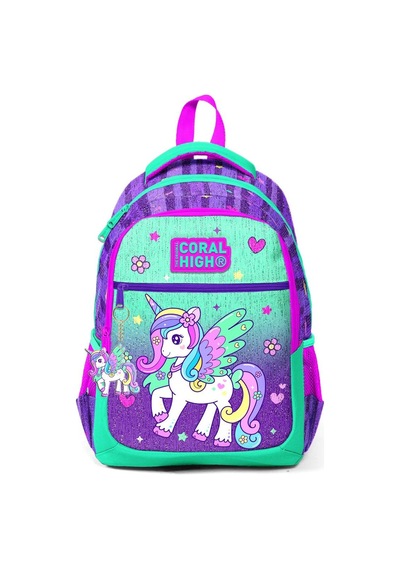 Coral High Kids Mor Su Yeşili Unicorn Desenli Üç Bölmeli Okul Sırt Çantası 23487
