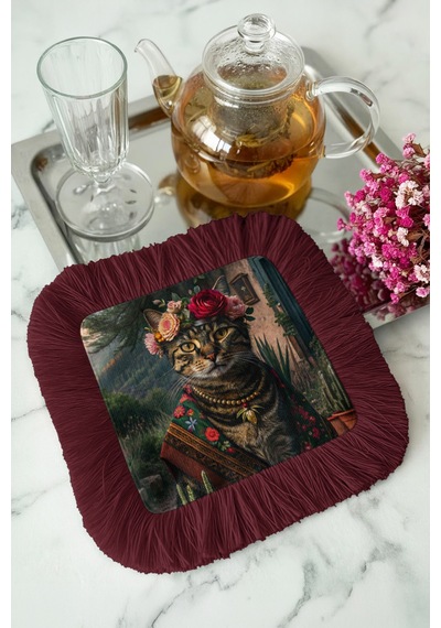Bohem Sanatsal Kedi Püsküllü Servis Altlığı Mendil - Vintage Çiçekli Rustik Bordo Sunumluk Peçete Çok Renkli