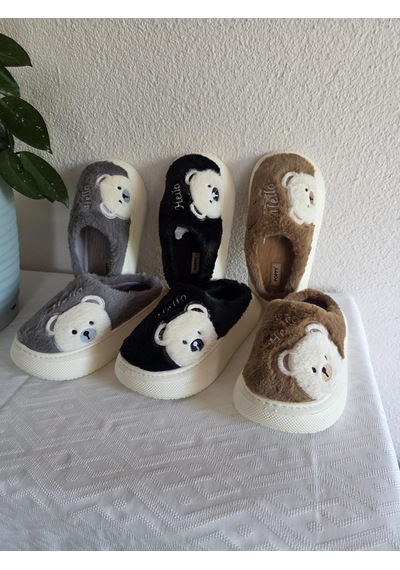 Kadın Ayıcık Desenli Rahat Peluş Ev Terliği 25bnt132 Siyah