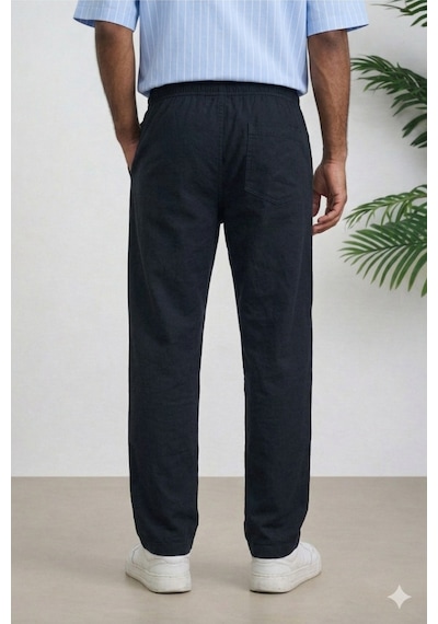 Tarz Cool Erkek Yazlık Keten Karışımı Relaxed Pantolon Siyah