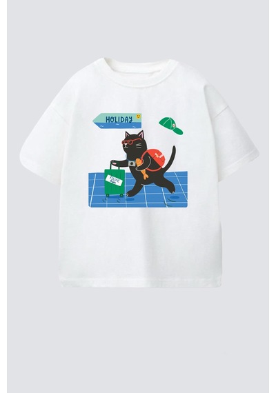 Monila Unisex Çocuk Pamuklu Kedi Baskılı T-shirt Ekru