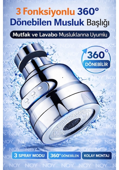 Mutfakta Sıçramayı Önleyen 360 Döner Musluk Başlığı 3 Fonksiyonlu Sprey Uç Krom