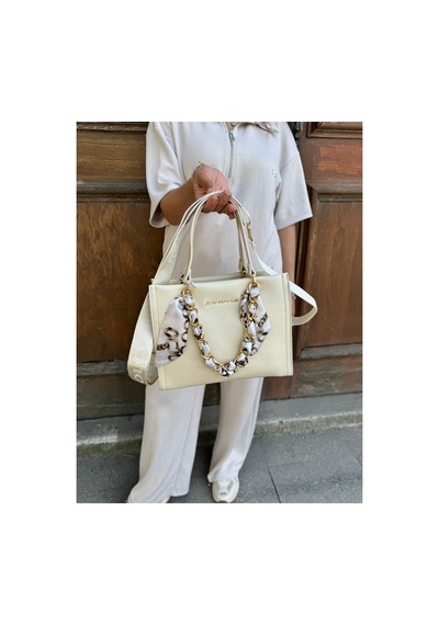 Just Polo Orijinal Kadın Omuz Ve Çapraz Askılı Zincir Detaylı Günlük Veya Özel Kullanıma Uygun Lüks Kol Çantası Shopper 25x20x9 Cm Krem