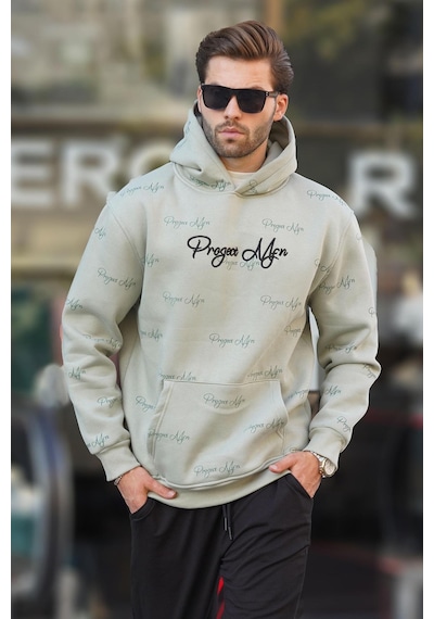 Madmext Çağla Yeşili Baskılı Kapşonlu Cep Detaylı Erkek Sweatshirt 7075 Yeşil