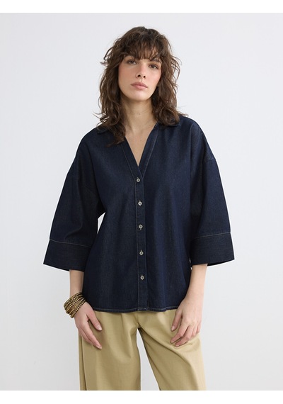 Lcw Vision İndigo Loose Fit Kadın Jean Gömlek