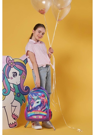 Coral High Kids Mor Simli Unicorn Desenli Üç Bölmeli Okul Sırt Çantası 23663