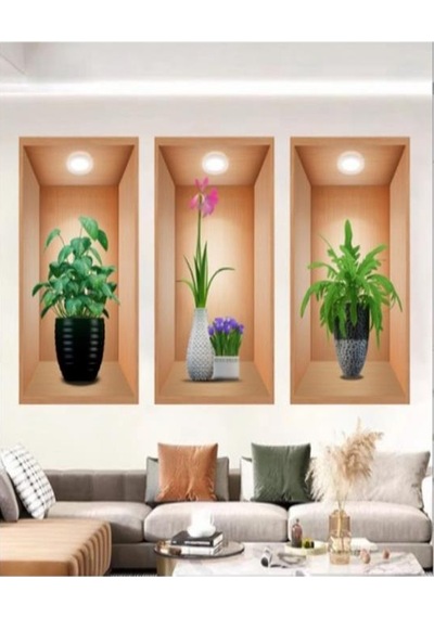 Stıcker 3d Duvar Stıckerı Ev Balkon Üç Boyutlu Üçlü Set Yapışkan Çiçek Vazo Tablo Görünümlü Yapışkanlı Etiket Kahverengi