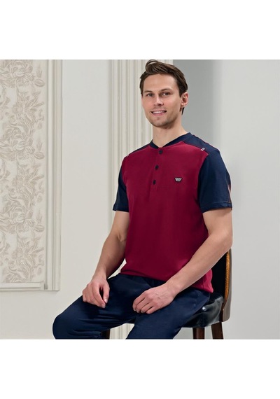 Over Sleep By Poleren Over Sleep 1713 Erkek Kısa Kol Uzun Alt Yazlık Pijama Takım Bordo