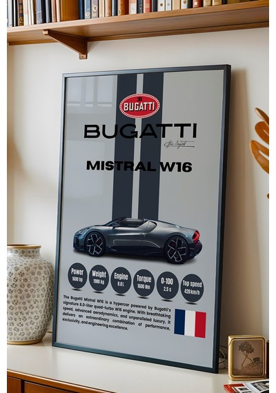 Bugatti Mistral W16 Araba Tablosu - Teknik Özellikli Otomobil Poster - Çerçeveli Duvar Dekoru Siyah
