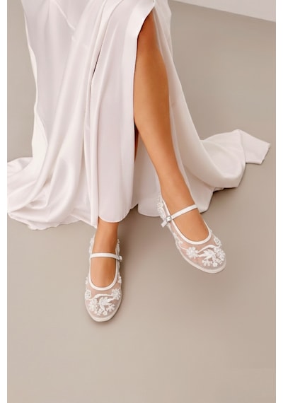 Fox Shoes Y726730115 Beyaz İnci Detaylı File Kadın Babet Beyaz